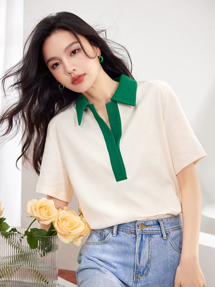 2024 Summer New Color Contrast Pullover Top Women Turn-down Collar Casual Short Sleeve T-shirt Lazy Style