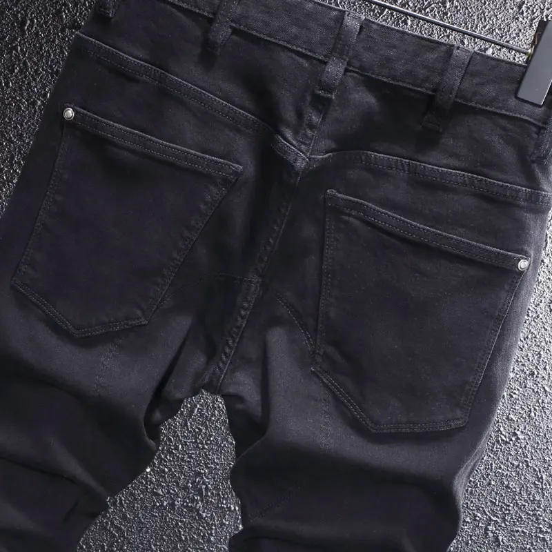 Alta rua moda masculina jeans preto estiramento fino ajuste emendado designer biker jeans homme remendado hip hop denim calças