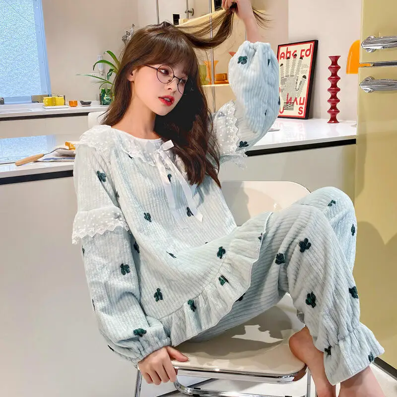 

Зимний сладкий пижамный комплект для девочек, домашняя одежда, женские фланелевые пижамы, милая ночная рубашка, сохраняющая тепло, утепленный комплект одежды для сна из кораллового флиса, оптовая продажа