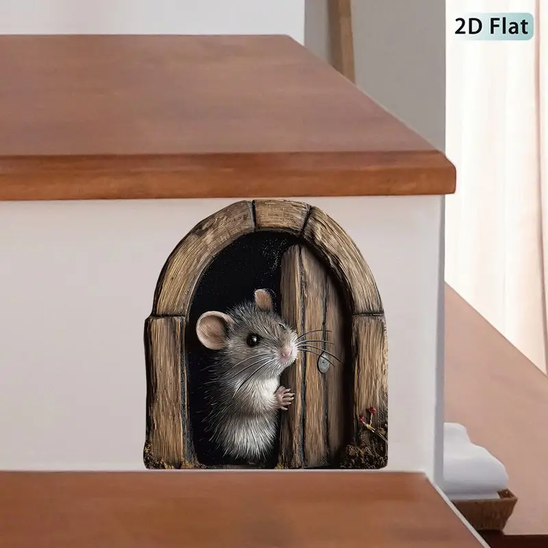 VIKAMA Retro Wooden Door Probe Mouse Wall Sticker, Self-Adhesive Creative 3D Decal for Living Room Entrance Decor