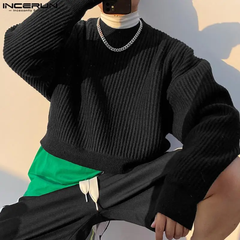 

INCERUN Tops 2023 Korean Style Men High Neck Cropped Design Pullover Casual Streetwear Solid All-match Long Sleeve Sweater S-5XL