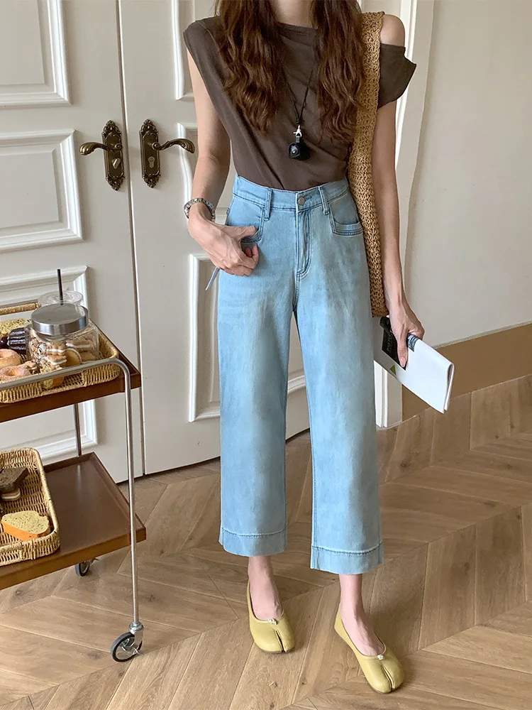 

High Waist Straight Leg Jeans plus Size Loose Fit High Elasticity Summer Korean Style Women's Fashion Nine Points Pants