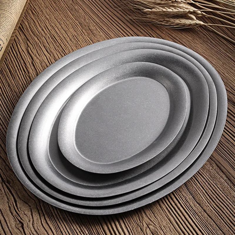 1 Pcs Japanese Vintage Oval  304 Stainless Steel Restaurant Plate Dessert Tray Kitchen Tableware