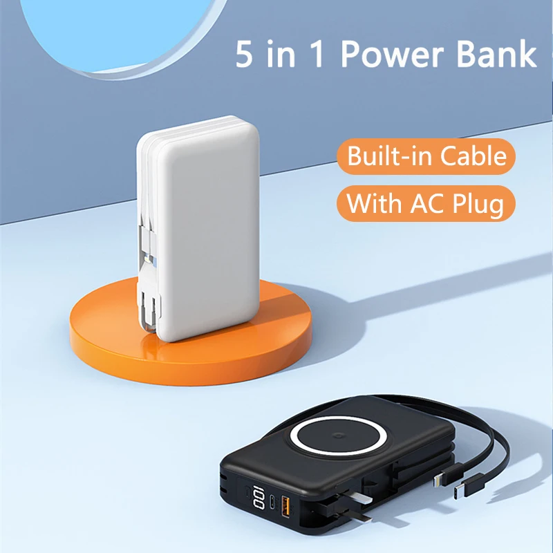 พาวเวอร์แบงค์5 in 1ที่ชาร์จไร้สายระบบแม่เหล็ก20000mAh แบบพกพาพร้อมปลั๊ก AC สำหรับ iPhone Samsung Xiaomi powerbank PD 20W