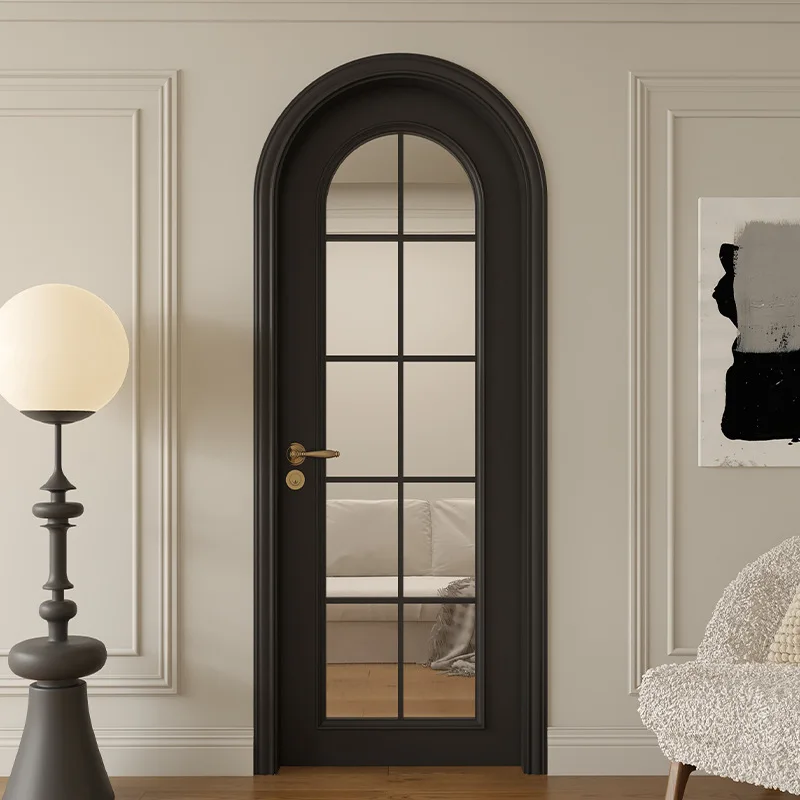 Vintage French style black room door arc arched solid wood bedroom door lattice glass interior door 2