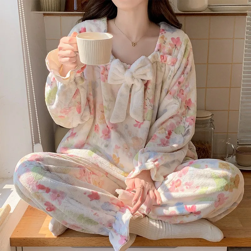 

M-2XL женский зимний фланелевой пижамный комплект, утолщенная одежда для сна с милым принтом, корейская студенческая мягкая плюшевая коралловая бархатная свободная домашняя одежда