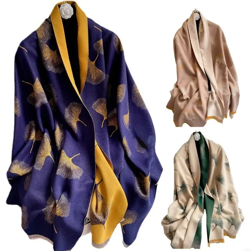 P88A Fashion Scarf Women Luxury Winter Leaves Pattern Warm Knitted Neckerchief Simple Women Winter Shopping Outdoor Scarf