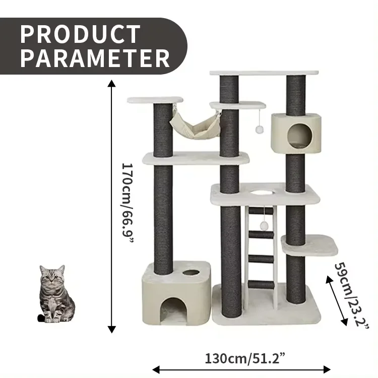 Wooden Cat Tower Tree Scratcher Tower Cat Tree House with Ladder Elegant Plush Large Cat Climbing Frame with Hammock