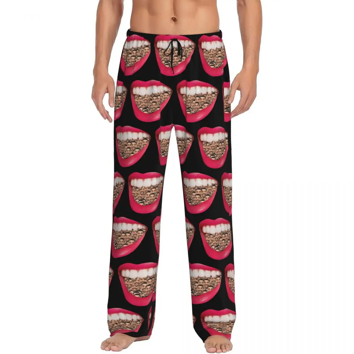 

Custom Print Men's Pink Mouth Face Photo Pajama Pants Wedding Anniversary Sleepwear Sleep Lounge Bottoms with Pockets