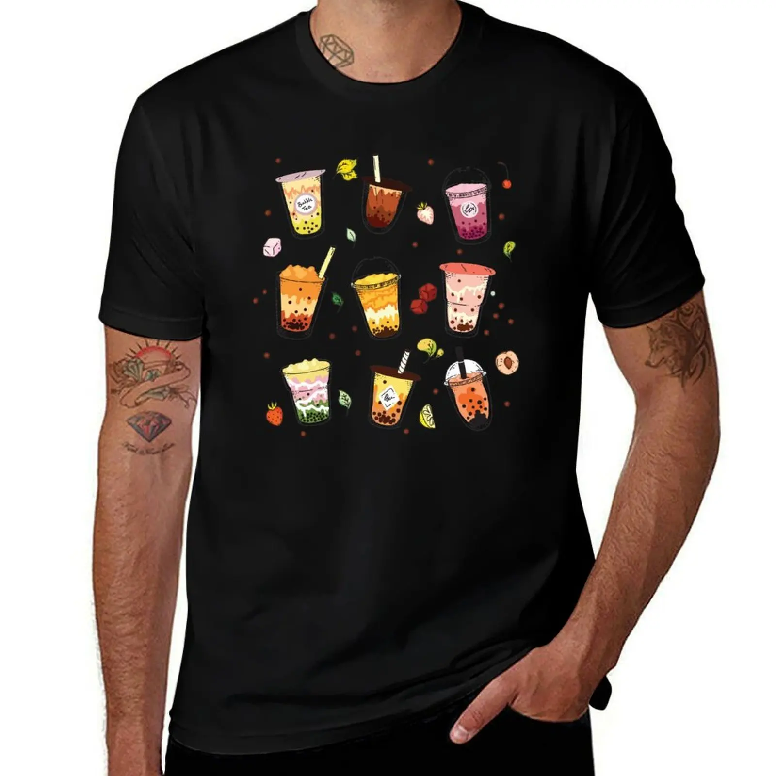 Assorted Boba Milk Tea and Fruit Tea Set 2 T-Shirt Work Outdoor for Men T-Shirt