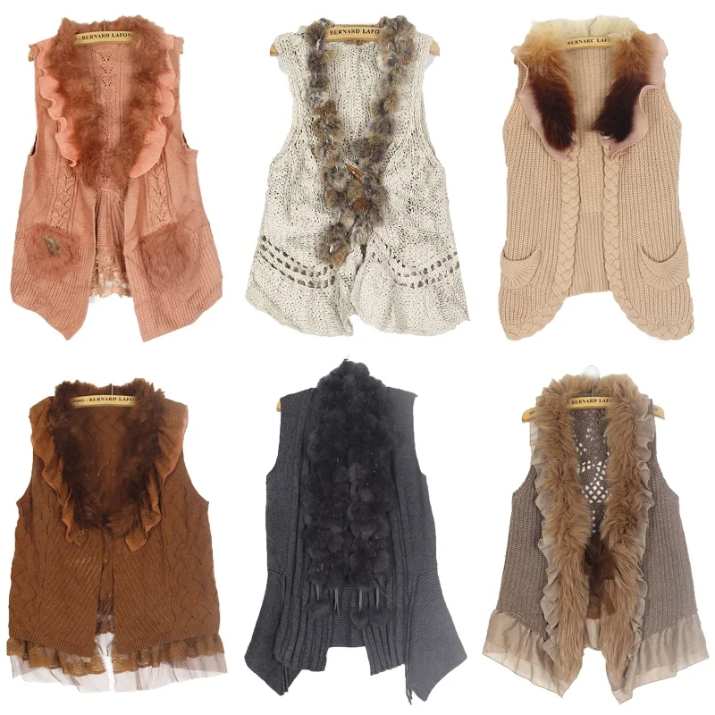 

Винтажный вязаный свитер, жилет с меховым воротником, кожа кролика Y2K, уличная одежда в стиле хиппи, теплая гарантия, Long Sve Thiened B...