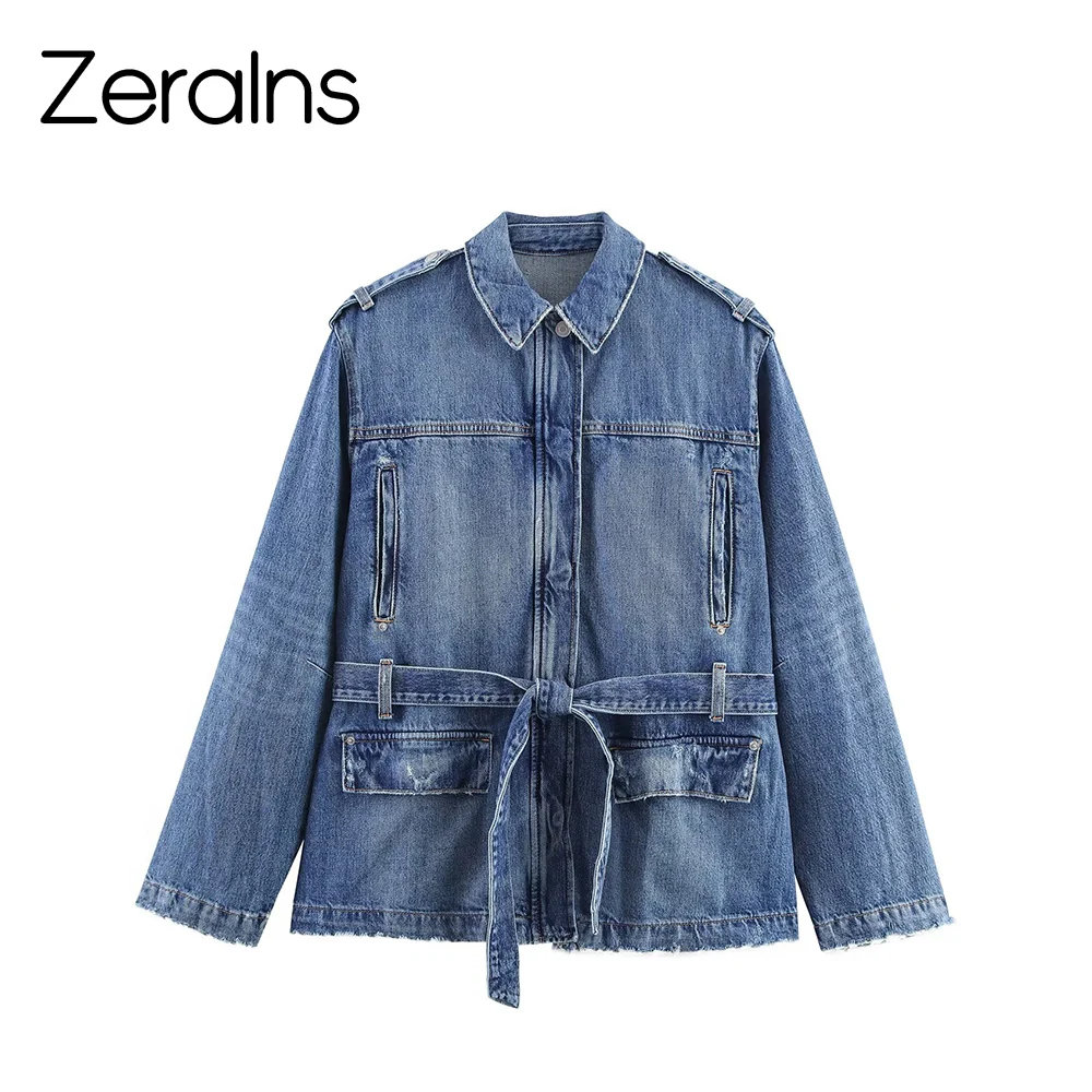 ZERAINS Autumn new women's waistband long denim jacket jacket straight tube loose high waisted rolled edge jeans set