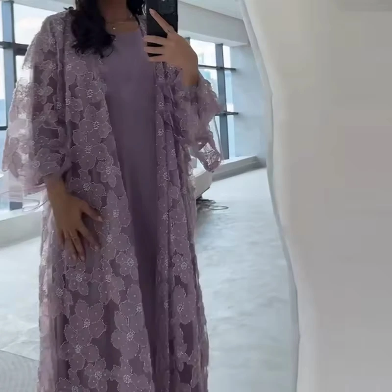 

2026 Luxury Muslim Dress Beautiful Flower Lace Dubai Turkey Purple Open Abaya Muslim Women Islamic Clothing Modest Two Piece Set