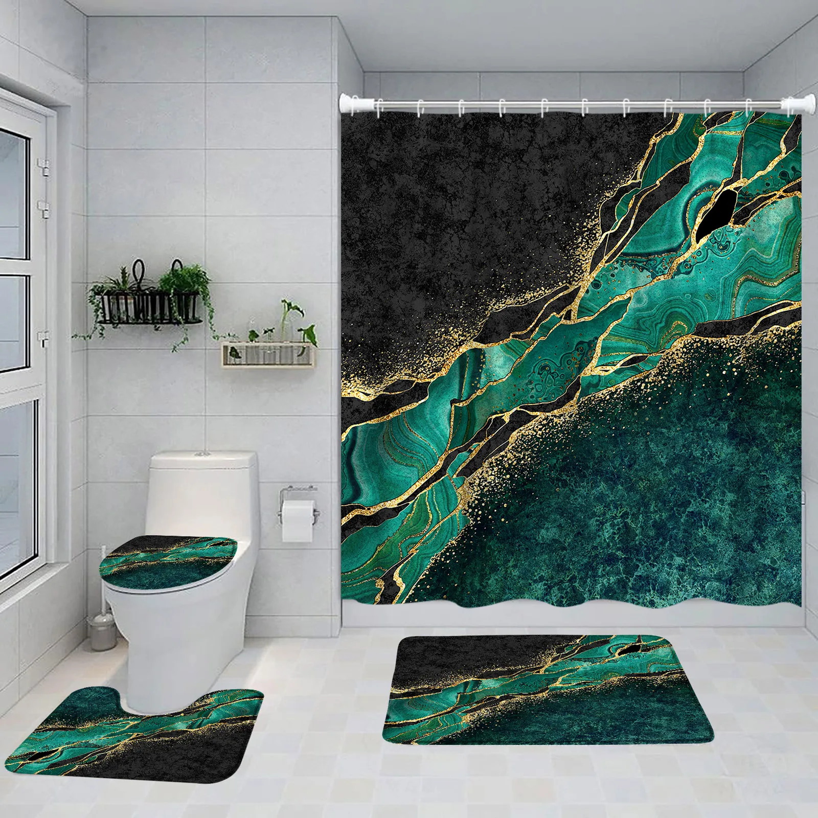 Abstract Marble Shower Curtain Set Gold Texture Grey Pattern Modern Luxury Bathroom Decor Non-Slip Rug Bath Mat Toilet Lid Cover