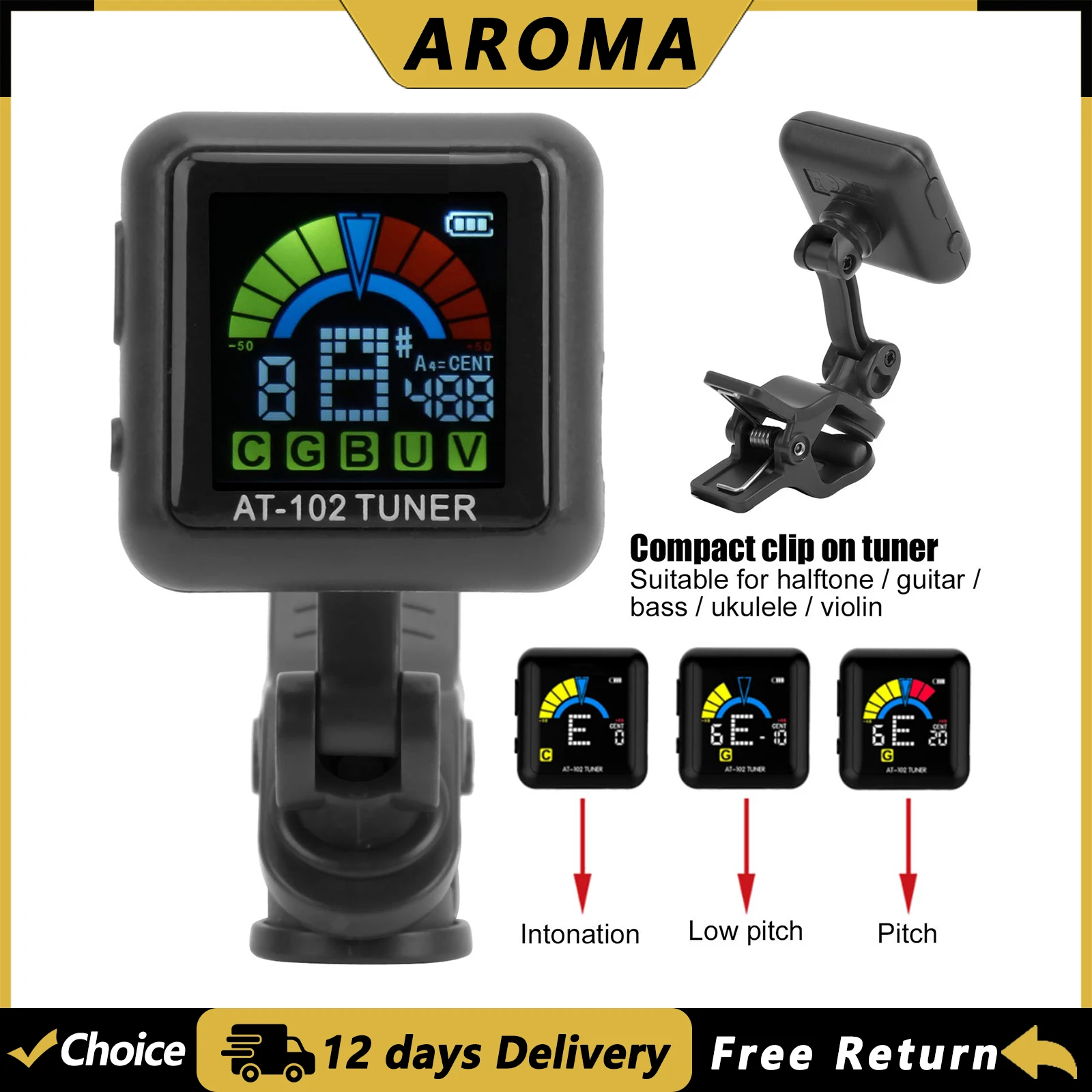 

Тюнер AROMA AT-102, перезаряжаемый, с углом обзора 360 градусов, для гитары/бас-гитары/укулеле/скрипки, со встроенным аккумулятором, USB-кабелем, большим ЖК-дисплеем