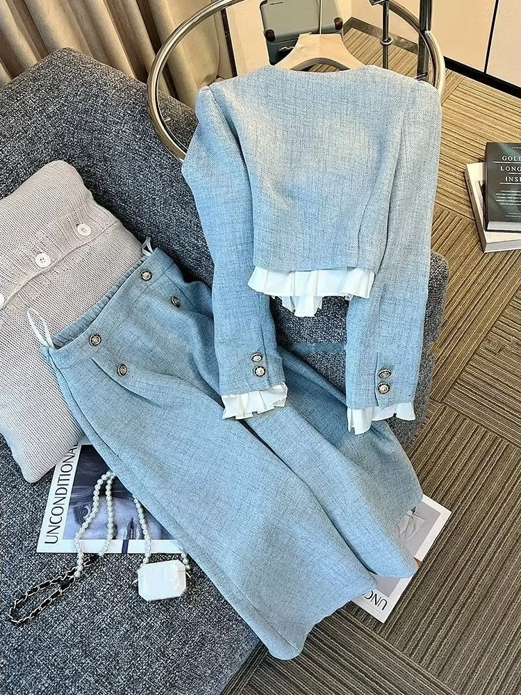 Abito da donna stile Chic blu primavera e autunno nuova sorella reale giacca da donna di fascia alta con senso + mezza gonna in due pezzi