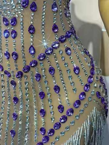 See Through Mesh Shining Rhinestones Handmade Costume Party Tassels Dress Women Birthday Evening Red Carpet Photoshoot Gowns