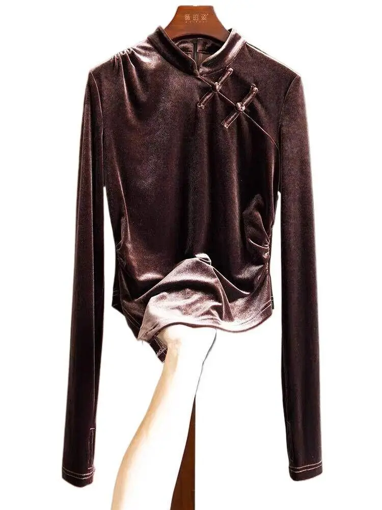 New Spring Autunm velour blouse large Size tops 7XL 8XL Chinese Elegant Vintage Stand Collar Irregular Gold Velvet shirts
