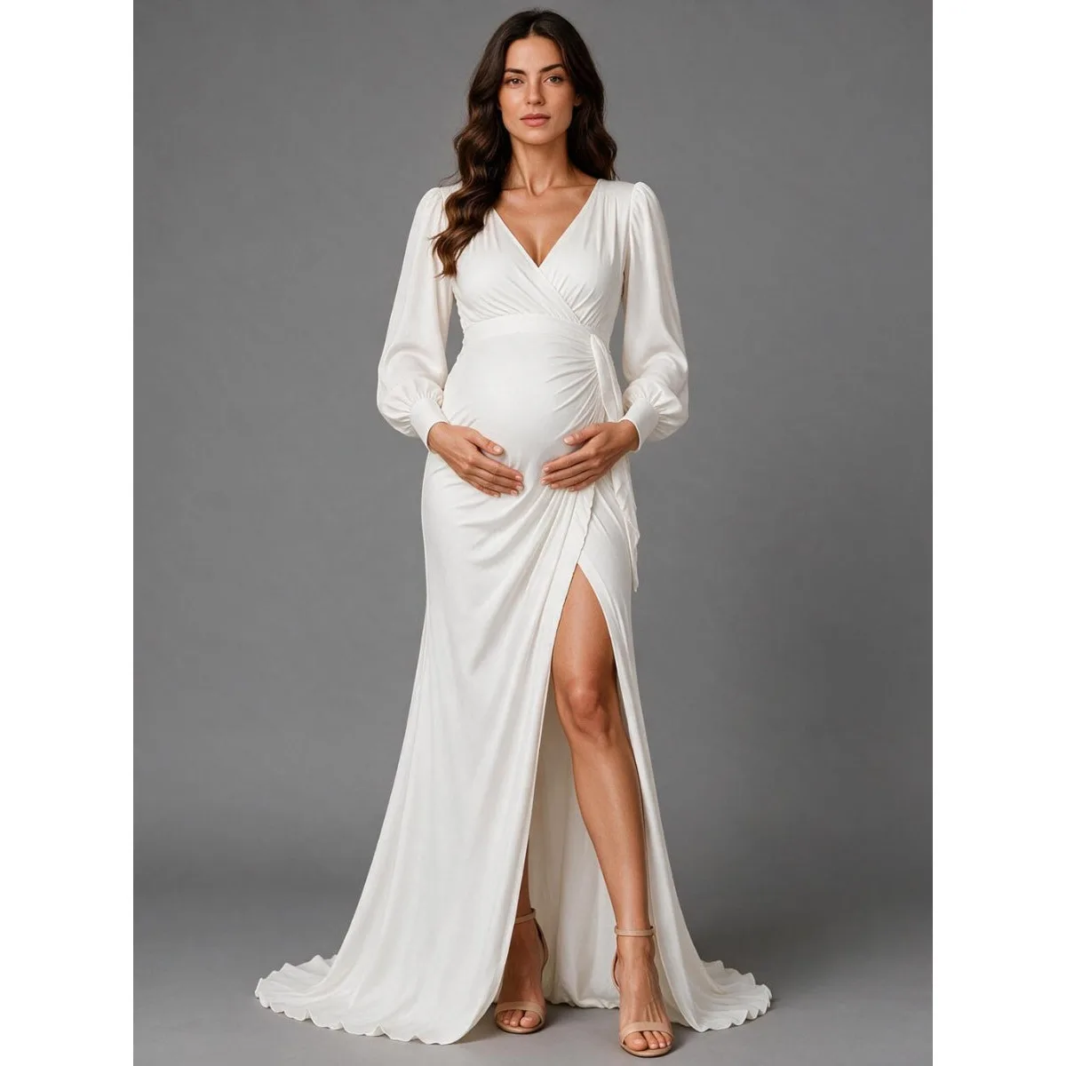 White Wrap V-neck Long Sleeves Maternity Dress For Baby Shower