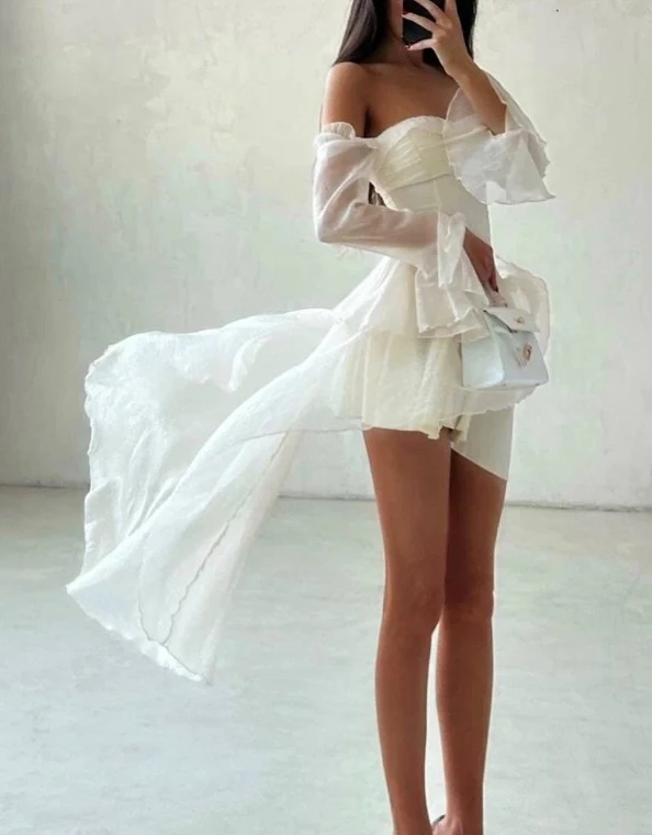 إحساس التصميم المزاجي، فستان تنحيف غير منتظم بكتف واحد بدون حمالات، فستان صيفي أنيق بلون سادة وأكمام طويلة #2