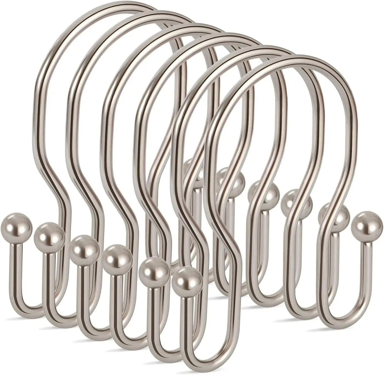 24 Pack Double Shower Curtain Hooks Rings, Stainless Steel Bathroom Shower Hangers Rings for Shower Rods, Brushed Nickel