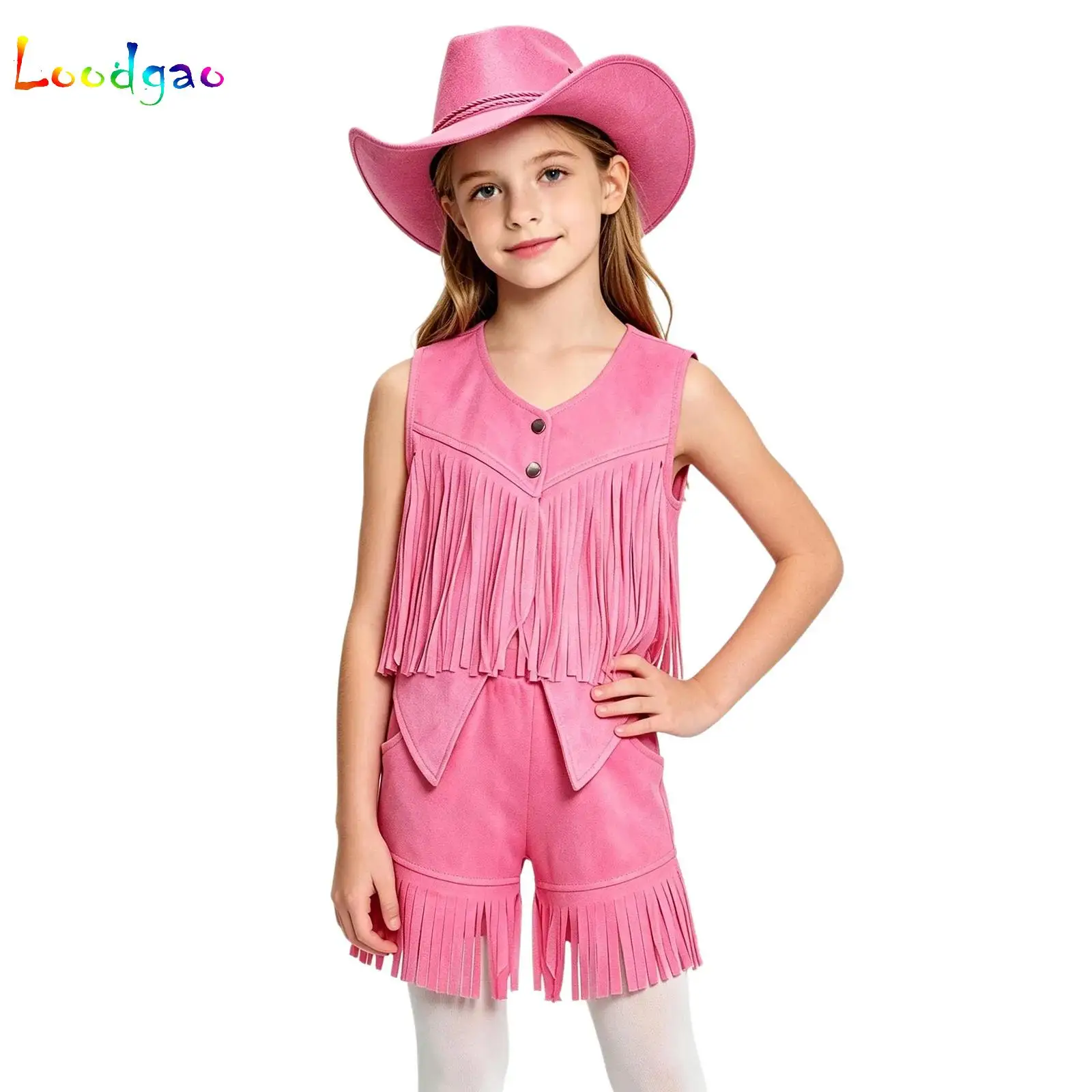 Kids Cowgirls Outfits For Girls Pink Brown Carnival Costume Up Cowboy Boys Themed Party Top Shorts Hat For Children Clothes Set