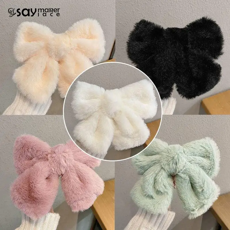 Autumn Winter Cute Plush Bowknot Hairpin Furry Bow Hair Clips Large Barrette For Women Girls Hair Accessories