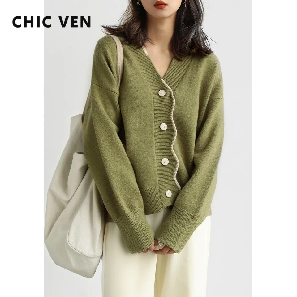 CHIC VEN  Women\'s Cardigan Basic Solid Loose Sweaters V Neck Long Sleeve Female Tops for Woman Lady Coat Spring Autumn 2022