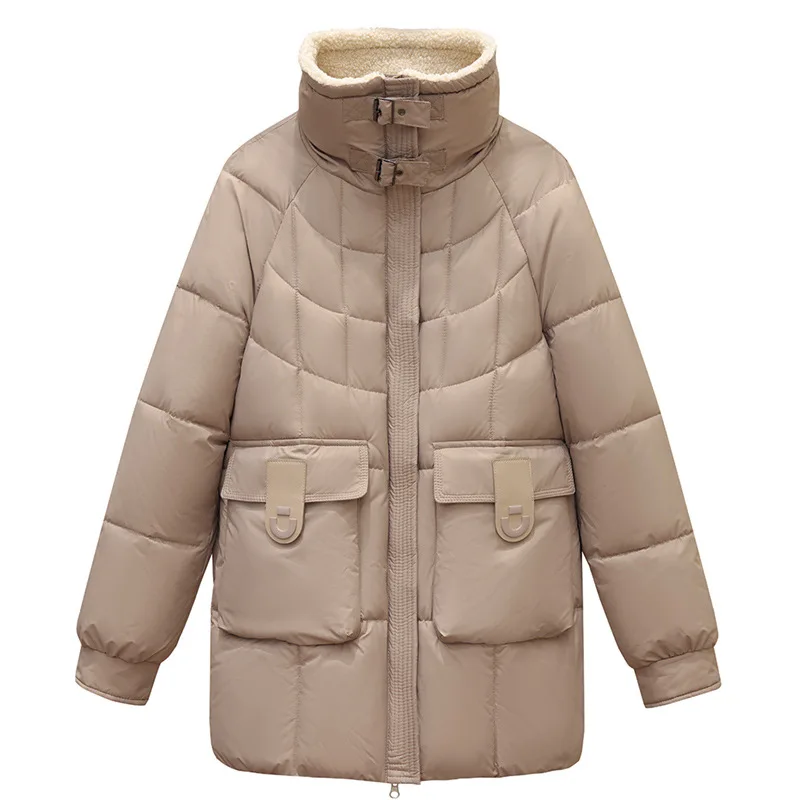 Women Parkas Turn Down Collar Full Sleeve Thick Coats Solid Zipper Spliced Jackets Pocket Casual Elegant Loose Autumn Winter
