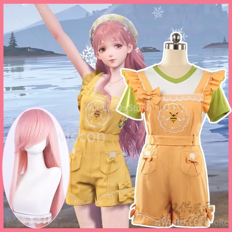 

Infinity Nikki X Cosplay Kawaii Cute Uniform Costume Yellow Jumpsuits Pink Wig For Woman Halloween Christmas Girls