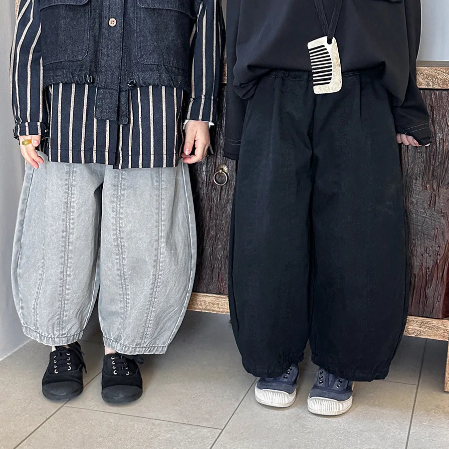 

Kids Carrot Pants 1-7 Years Autumn Vintage Style Solid Boys Splicing Pants Loose Childrens Trousers Girls Baby Wide Leg Pants