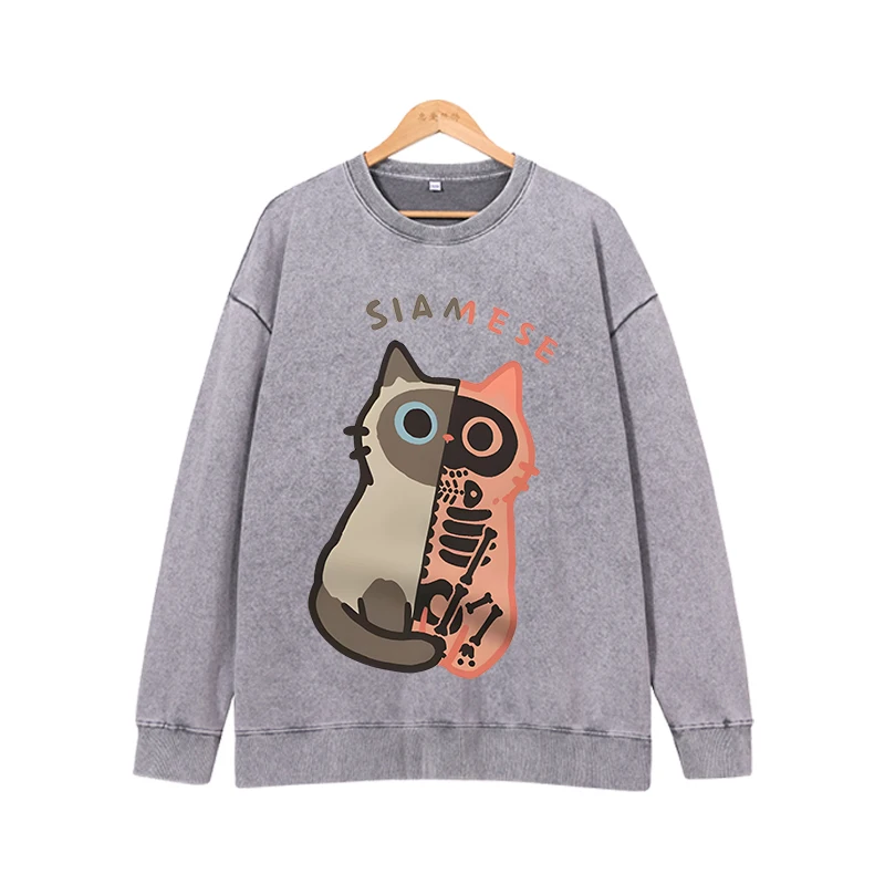 

2024 new pullover sweater double-sided kitten creative simple pattern American loose simple trend long sleeve top