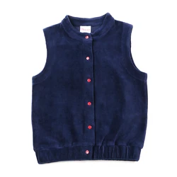 Kids clothes top girls and boys clothes navy corduroy round neck vest top causual school vest front center red buttons childhood