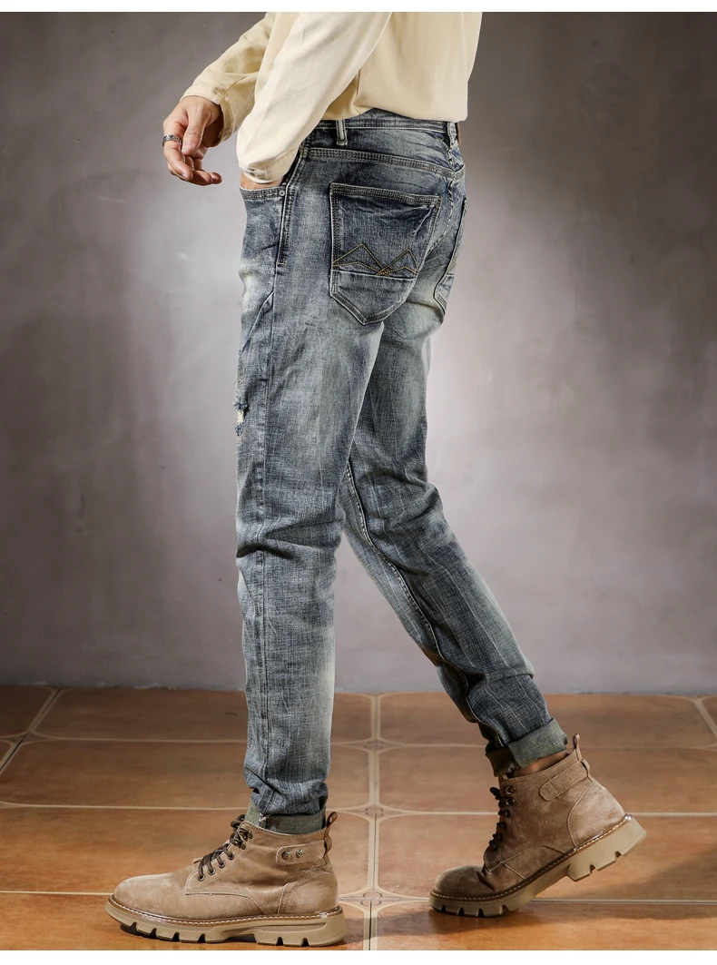 2025 Spring Autumn Trendy Ripped Hole Distressed Washed Denim Jeans for Men American Vintage Casual Slim Fit Stretch Pants