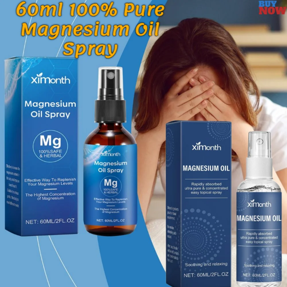 Spray de aceite de magnesio puro 100% de 60ml, no transgénico, alivia el dolor muscular corporal, suaviza y suaviza la piel para una mejor calidad del sueño