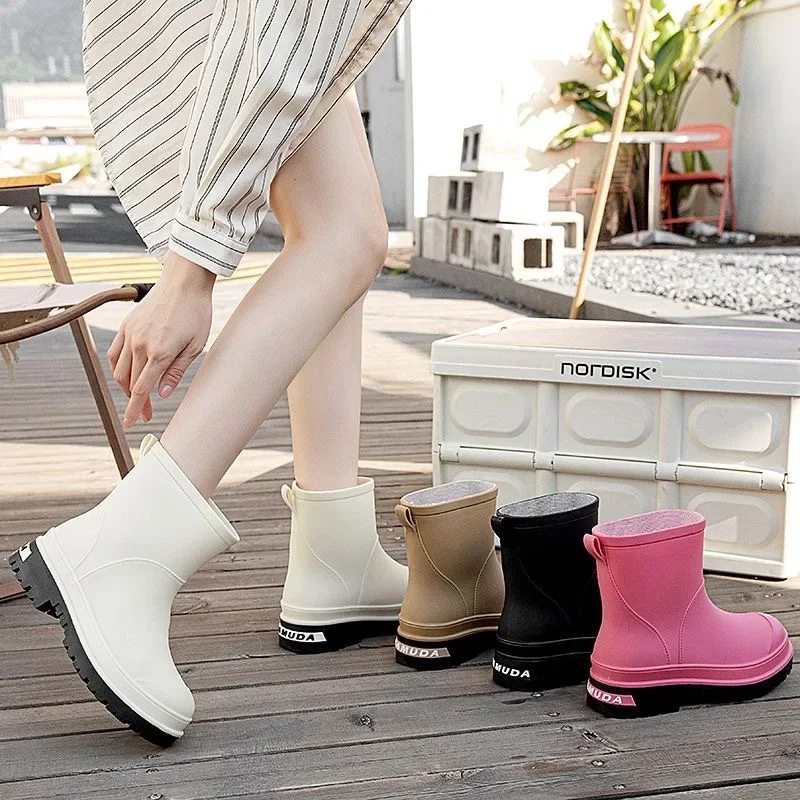 New Women Mid-calf Thick Heels PVC Rain Boots Waterproof Female Slip-on Rainboots Non-slip Water Shoes Outdoor Wellies Boots