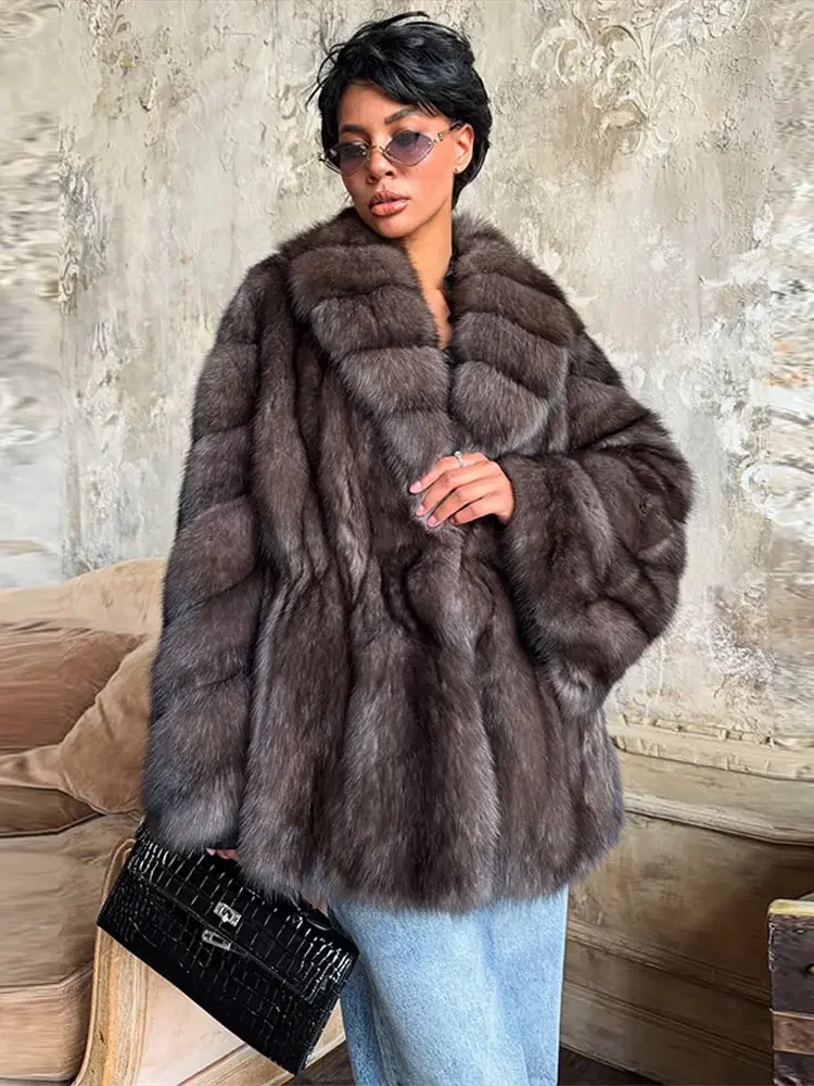 Elegant Faux Fur Midi Women's Coat Warm Long Flare Sleeve Turn-down Collar Loose Lady Outwear 2025 Winter New Lady Streetwears