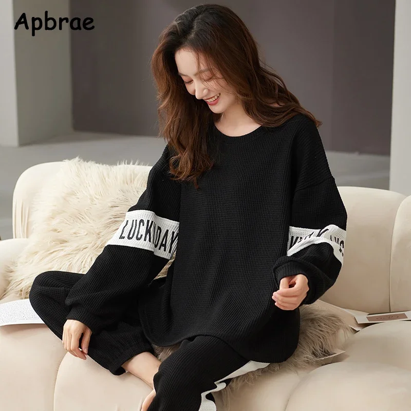 Autumn Winter Waffle Cotton Women\'s Pajamas Long Sleeves Pajama Sets Fashion Female Pijamas O-Neck Leisure Loungewear Women