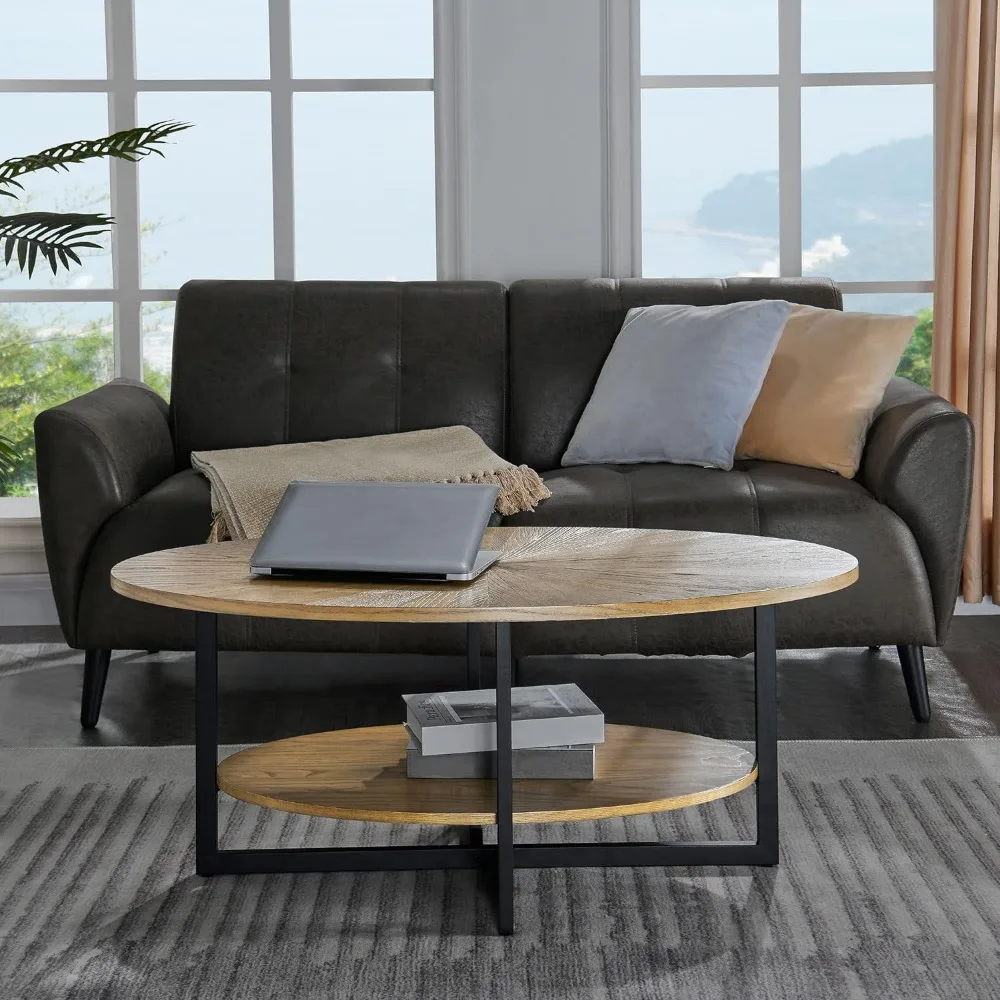 Solid Wood Oval Coffee Table with Cross Metal Legs, 43.3in Modern Industrail Center with Open Shelf Cocktail Rustic Nature