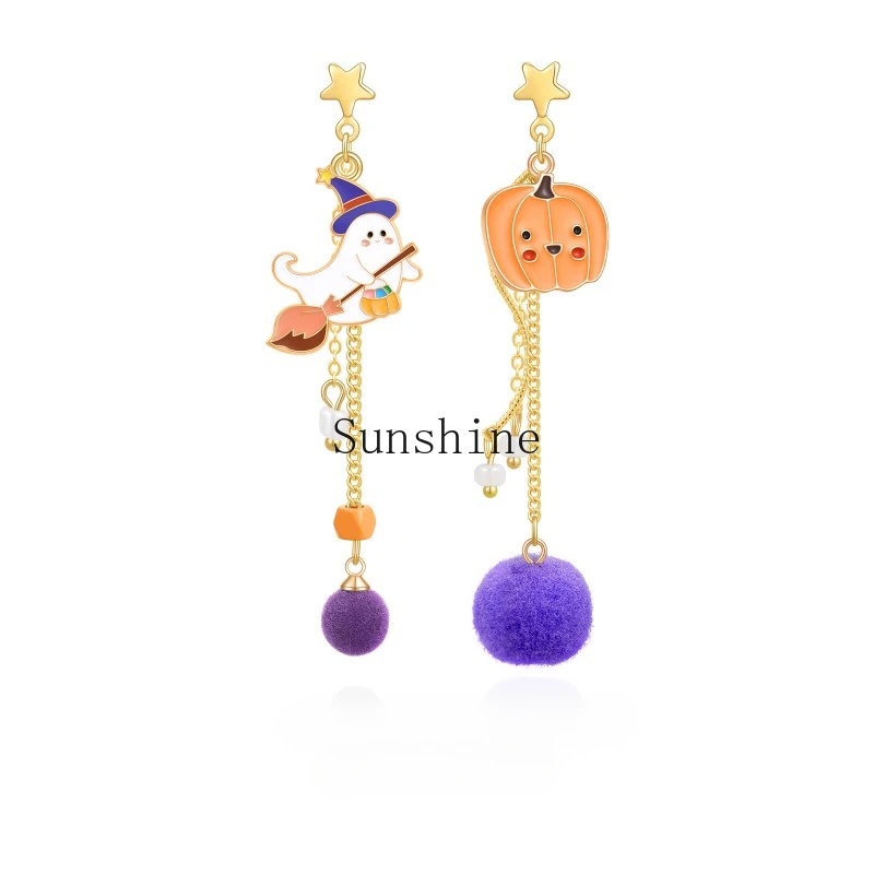 Halloween Ghost Pumpkin Festive Personality Asymmetrical Earrings No Pierced Ear Clips