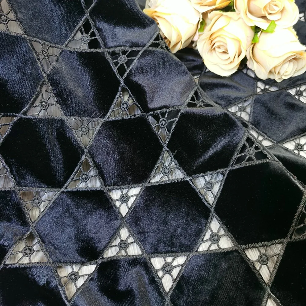 

Laser-cut milk silk embroidered hollow black diamond velvet fabric for women's clothing fashion designers home decor fabric
