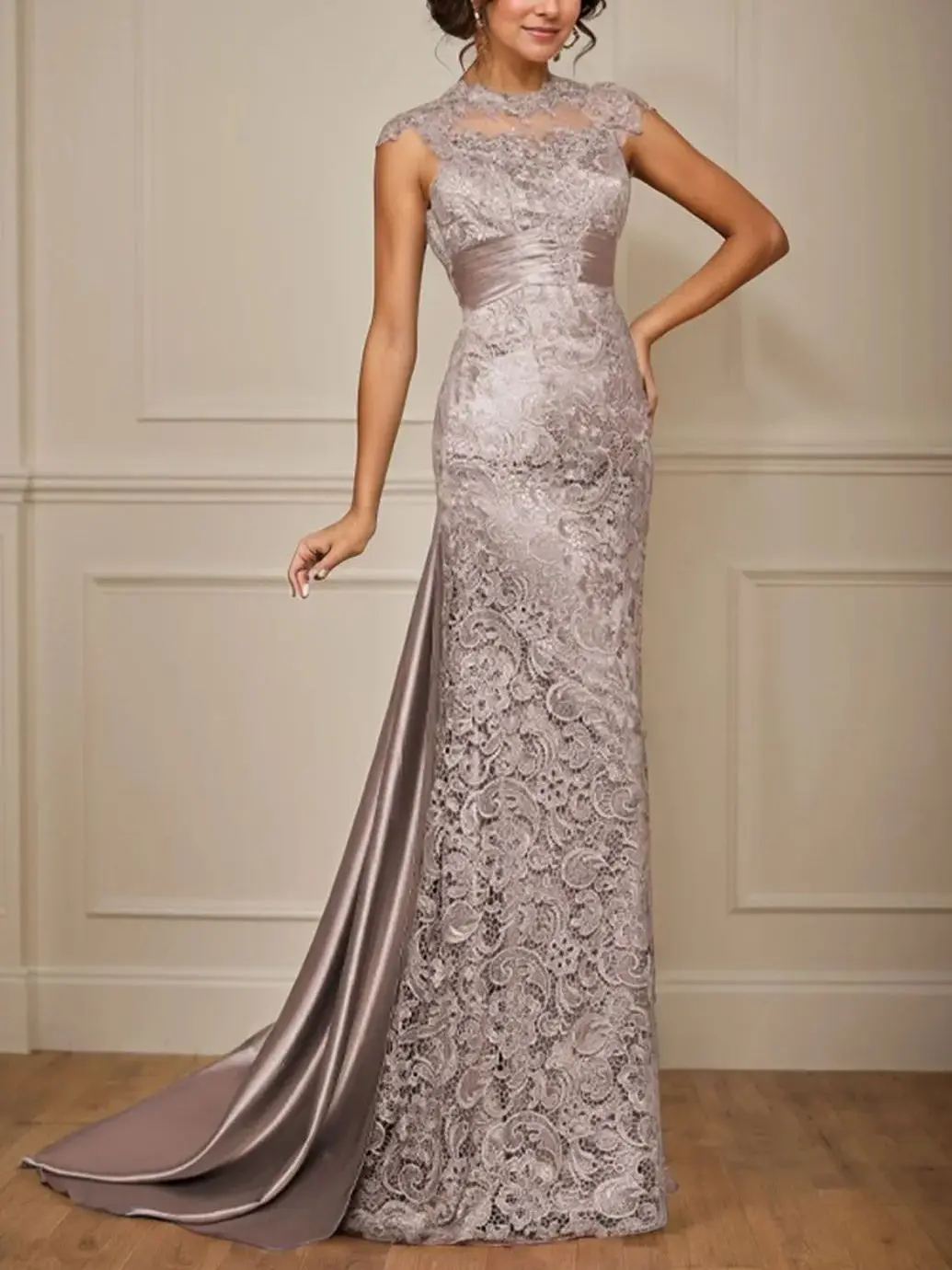 

Fashions Elegant A-Line Wedding Guest Dress Lace Satin High Neck Cap Sleeve Pleated Sweep Train Prom Gown 2025 Free Customized