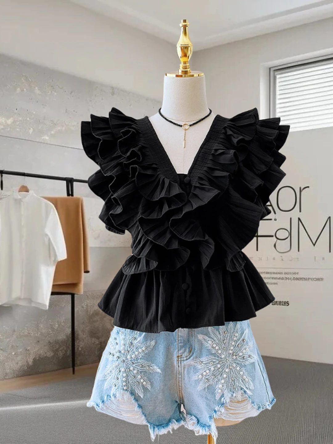 Bianco V-Ne Flounce Svel irt Donna Estate Fiocco di neve Bambola Dolce Top Coreano Sle Slim Fit Bottone Dettaglio Vita raccolta