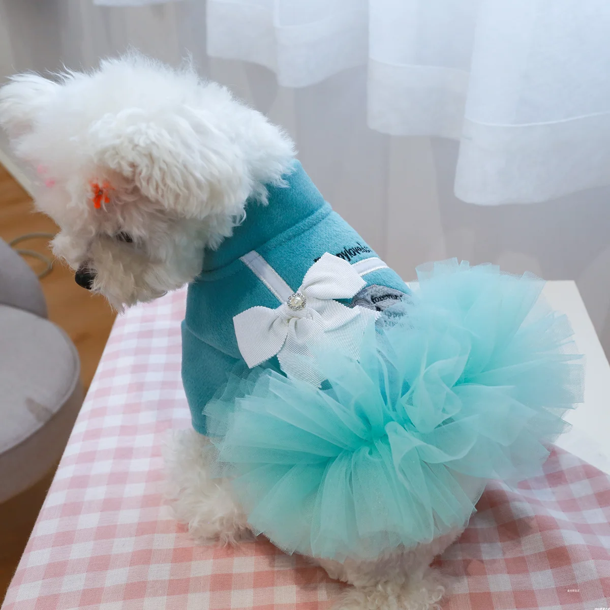 1PC Pet Apparel Dog Cat Autumn Winter Thickened Warm Blue Ladies Temperament Gift Box Bow Princess Dress For Small Medium Dogs