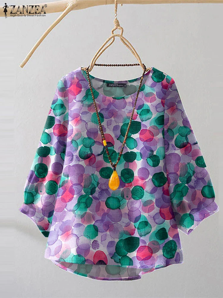 ZANZEA Casual Loose Long Sleeve O-neck Chiffon Shirts Women Irregular Hem Blouse Vintage Colorful Polka Dot Tops Spring Tunics