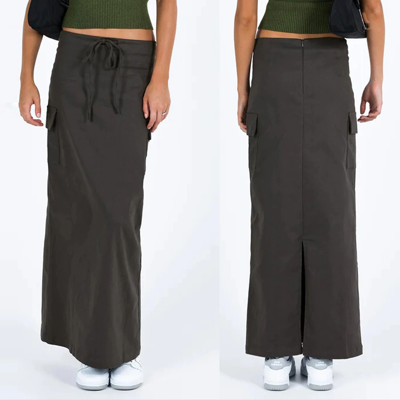 

Women Summer Cargo Skirt Casual Solid Color Drawstring Split Long Skirt with Pockets for Beach Vacation Club Streetwear