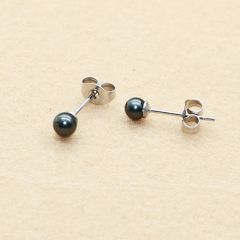 Brief Style Stainless Steel With Nature Shell Beads Black Color Pearls Push-back Stud Earrings 4/6/8/10mm No Fade Allergy Free