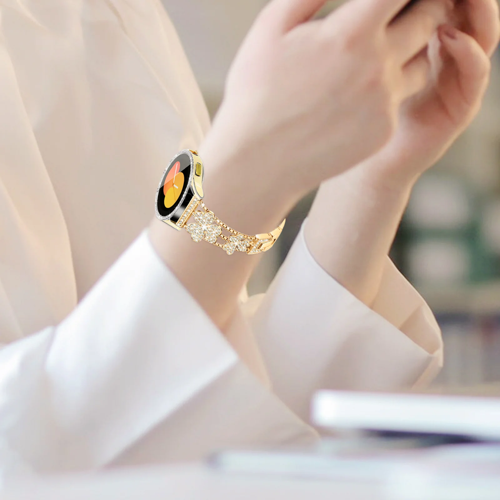 

Diamond Clover Watchband Premium Stainless Steel Adjustable Replaceable Metal Watch Strap for Women Decorative Shiny Luck Charm