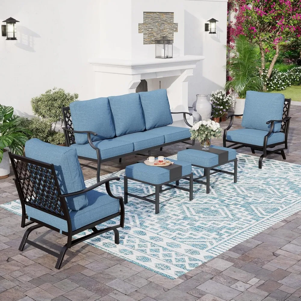 5 Piece Metal Patio Furniture Set, Patio Conversation Sets 3-seater Sofa, 2 Rocking Chair, 2 Ottomans with 5.75