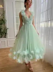 Off-the-shoulder V-Neck Prom Dresses 3D Flowers Sleeveless Backless Pleated Corset Evening Gowns A-line Tea-length Ball Gowns